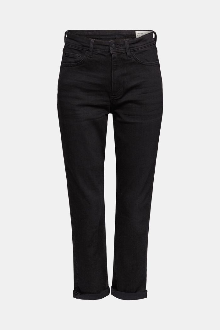 Cropped jeans in stretchy cotton, BLACK DARK WASHED, overview