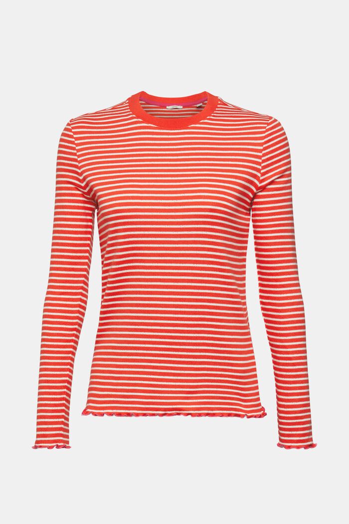 Striped pointelle long sleeve top, RED, overview