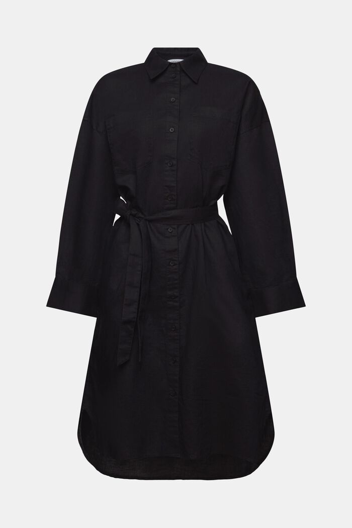 Linen-Cotton Belted Shirt Dress, BLACK, detail image number 5