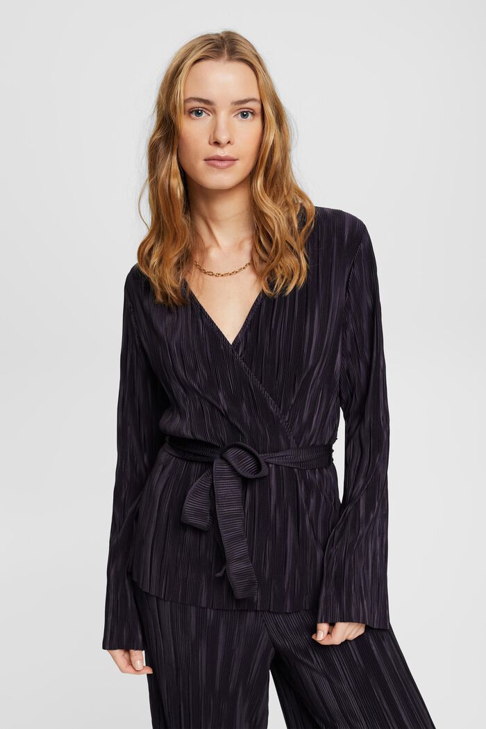 Pleated long-sleeved top with tie belt, NAVY, detail image number 0