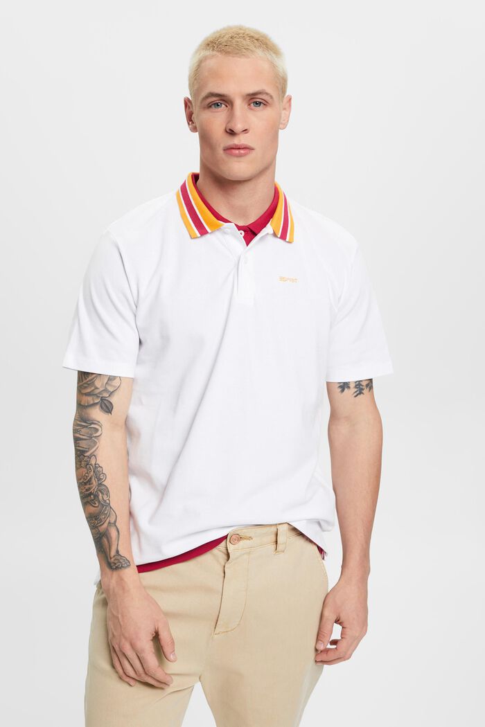 Cotton pique polo shirt with striped collar, WHITE, detail image number 0