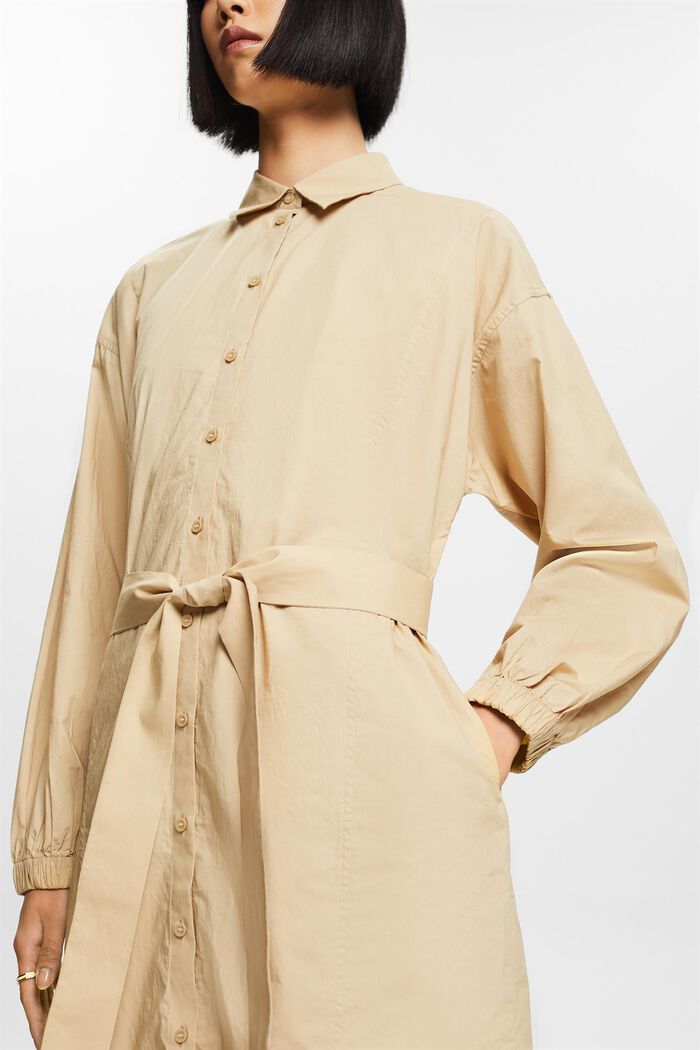 Tie Waist Cotton Poplin Shirt Dress, SAND, detail image number 1
