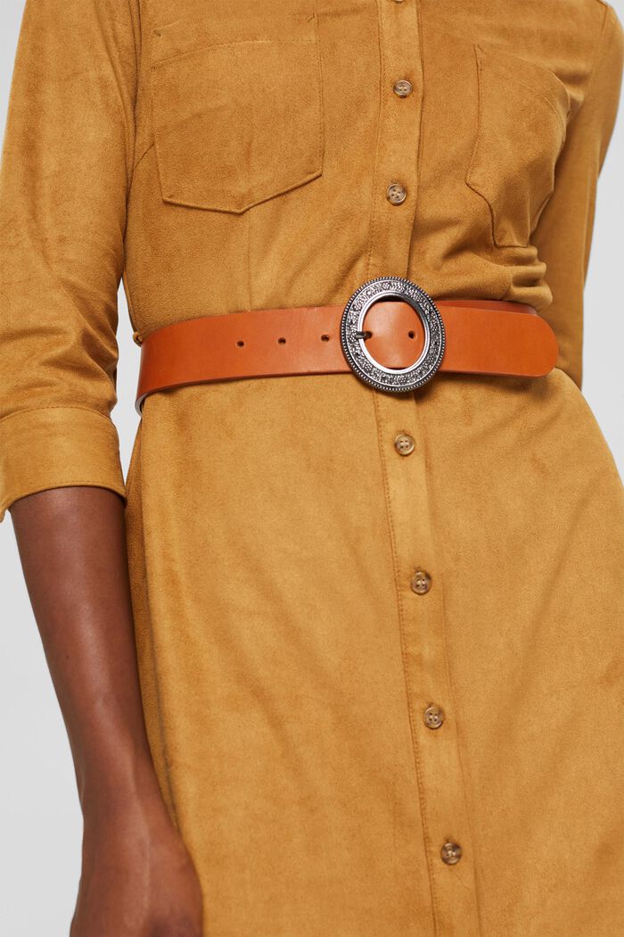 Leather belt with an embellished metal buckle, RUST BROWN, detail image number 1