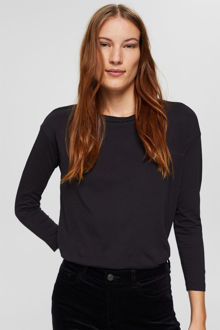 Long sleeve top with glitter, organic cotton blend, BLACK, detail image number 0