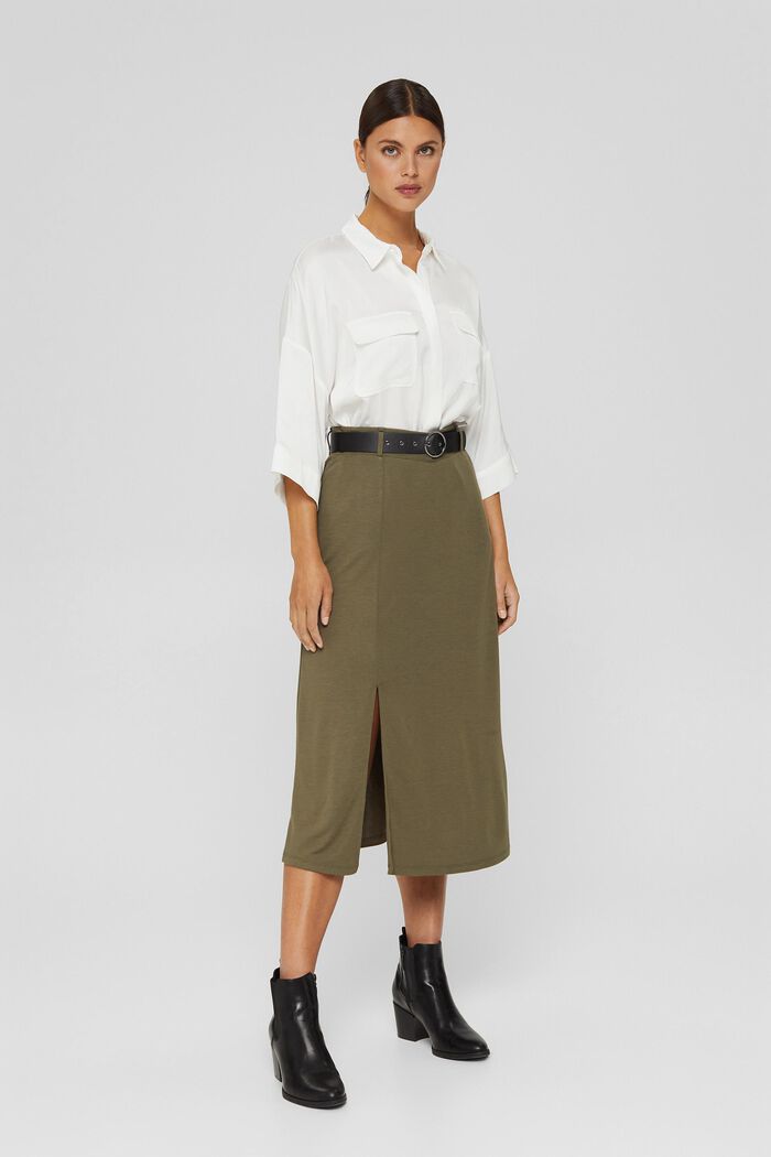 Jersey skirt with a belt, LENZING™ ECOVERO™, DARK KHAKI, overview