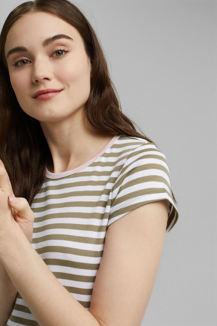 T-shirt with a striped pattern, organic cotton, LIGHT KHAKI, overview