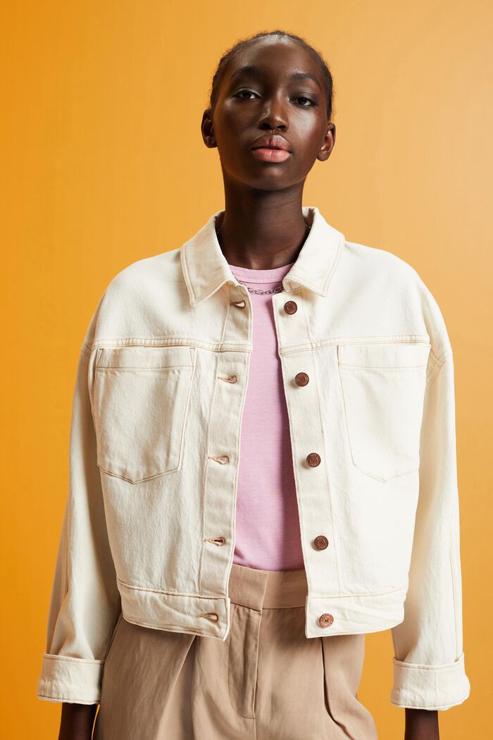 Cropped denim jacket with an oversized fit, LIGHT BEIGE, detail image number 0