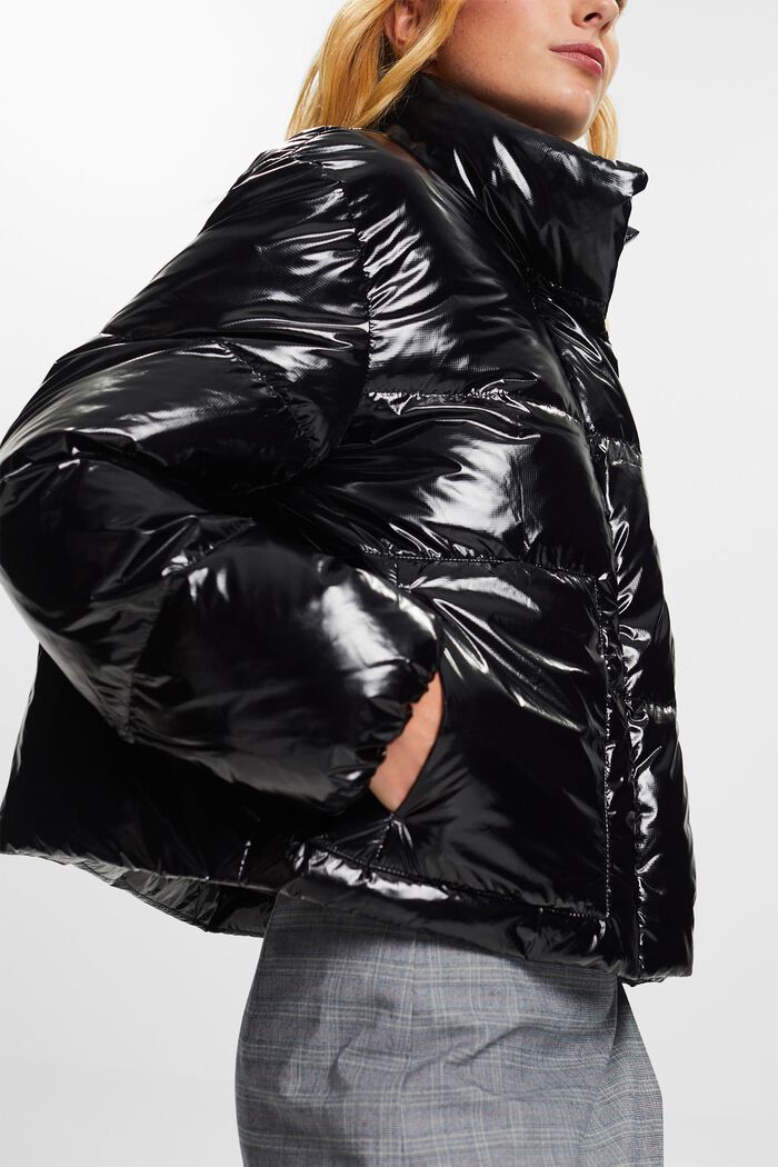 Glossed-Shell Puffer Jacket, BLACK, detail image number 4