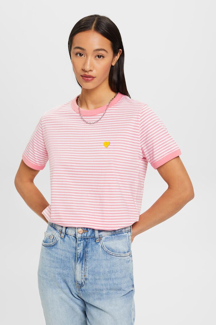 Striped cotton t-shirt with embroidered motif, PINK, detail image number 0