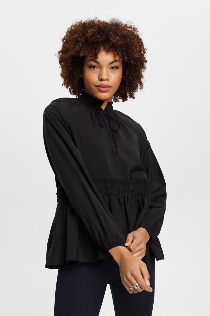 Ruffle blouse with tie detail, BLACK, detail image number 0