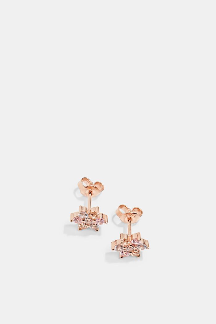Stud earrings with zirconia flowers, sterling silver, ROSEGOLD, detail image number 0