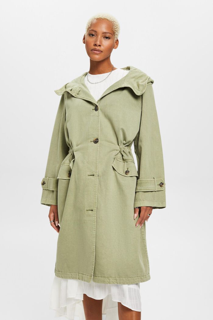 Hooded coat with drawstring waist, LIGHT KHAKI, detail image number 0