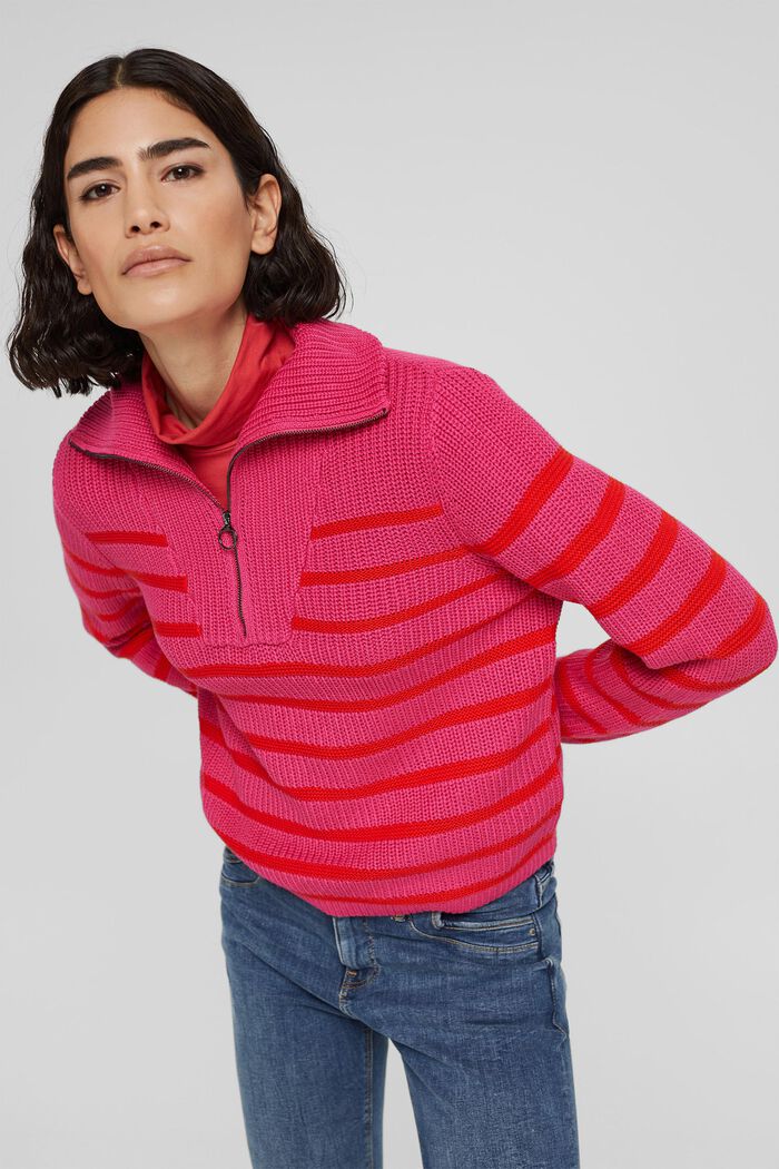 Knitted zip-neck jumper with a striped pattern, PINK FUCHSIA, overview