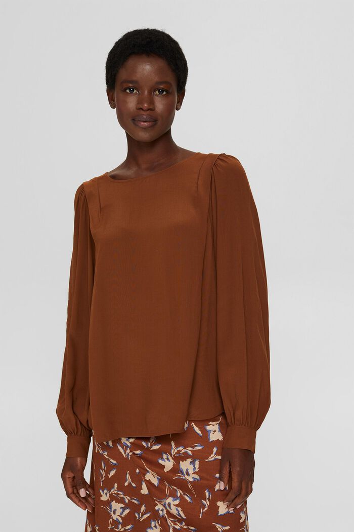 Wide blouse with balloon sleeves, LENZING™ ECOVERO™, TOFFEE, detail image number 0
