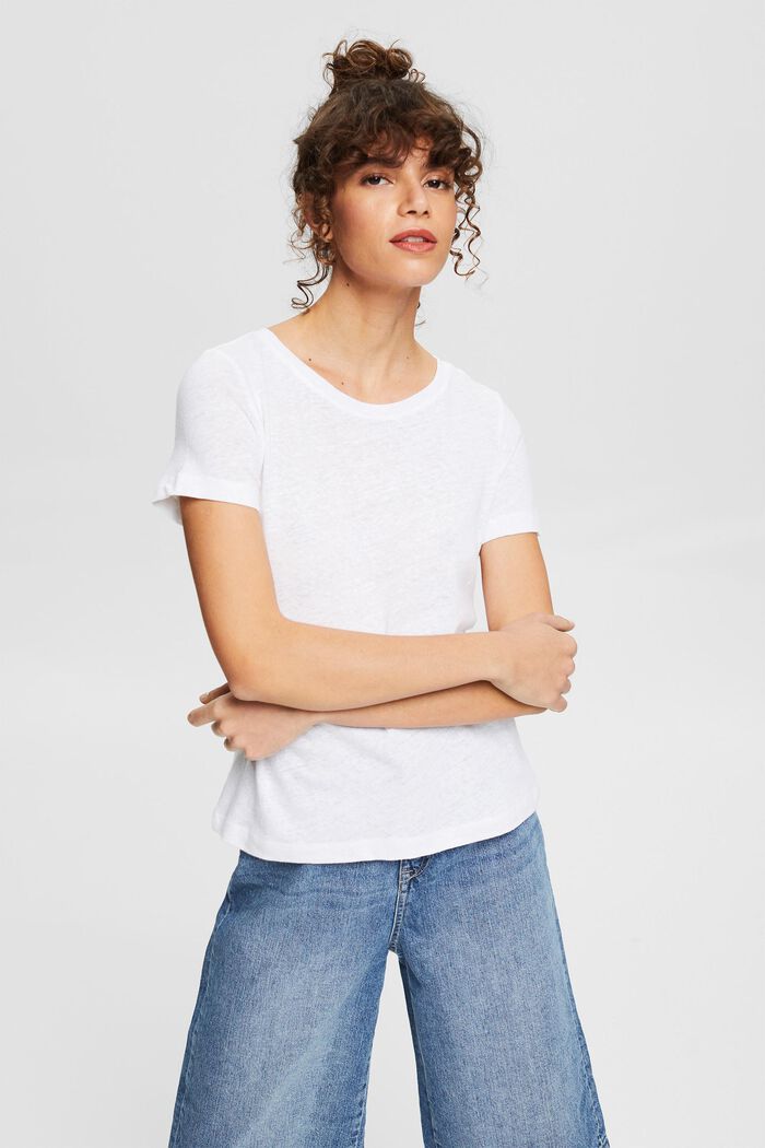 Plain-coloured T-shirt in blended linen, WHITE, detail image number 0
