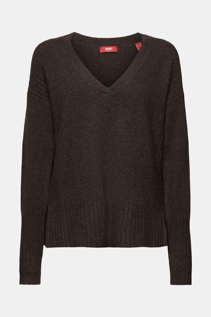 Wool Blend V-Neck Sweater, DARK BROWN, detail image number 6