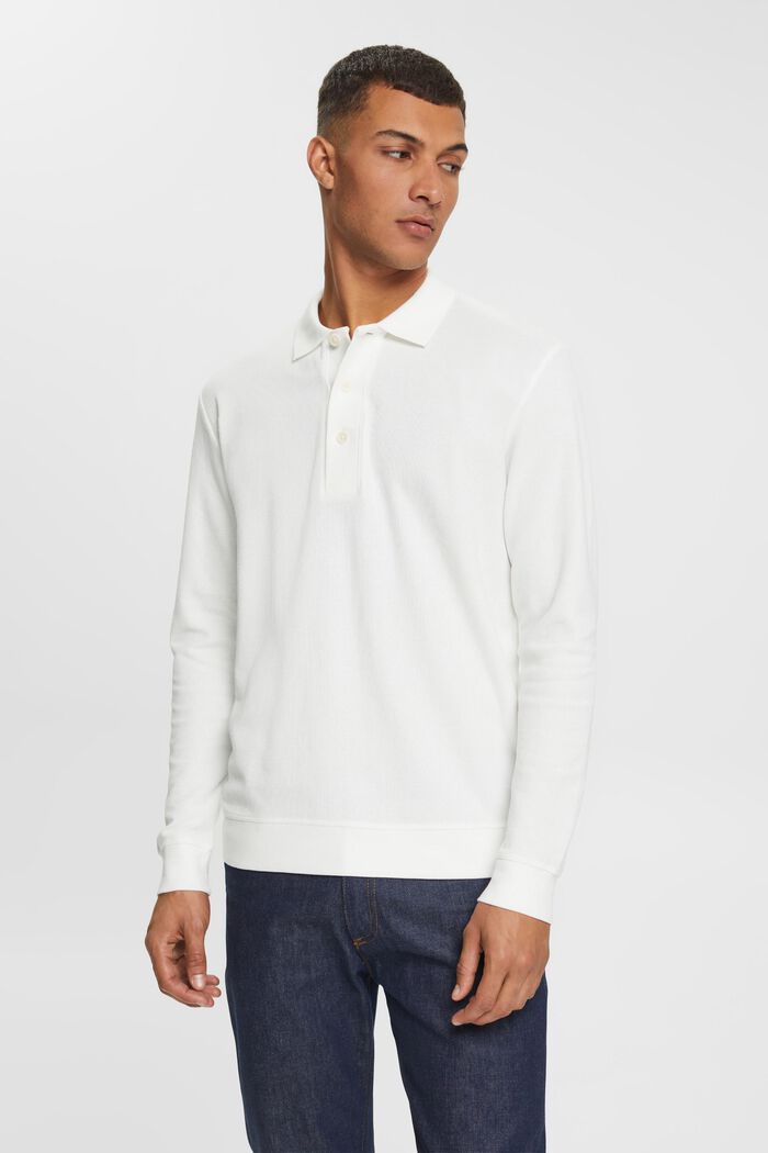 Long sleeve piqué polo shirt, OFF WHITE, overview