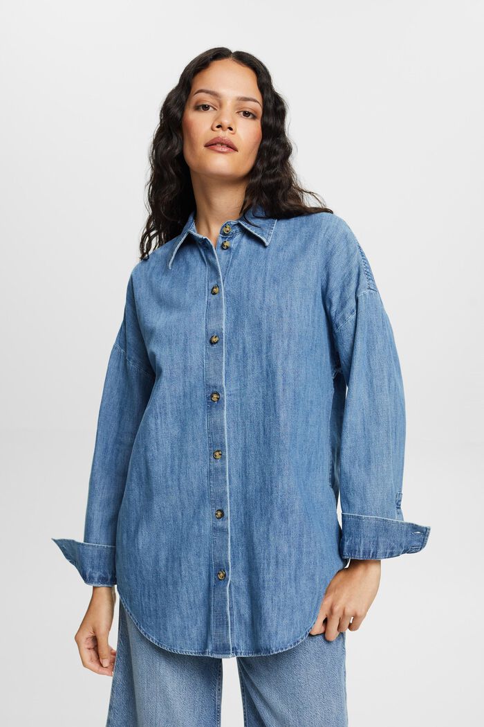Oversized jeans shirt blouse, 100% cotton, BLUE MEDIUM WASHED, detail image number 0