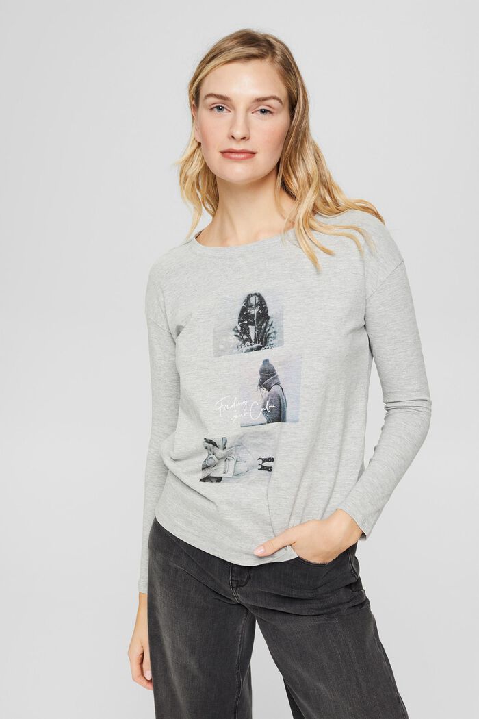 Long sleeve top with a photo print, in an organic cotton blend, LIGHT GREY, detail image number 0