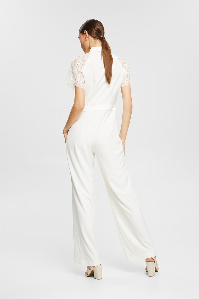 Made of recycled material: jumpsuit with lace sleeves, OFF WHITE, detail image number 3
