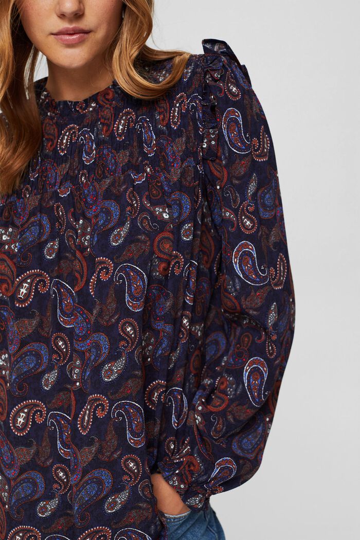 Smocked blouse with a paisley print, LENZING™ ECOVERO™, NAVY, detail image number 2
