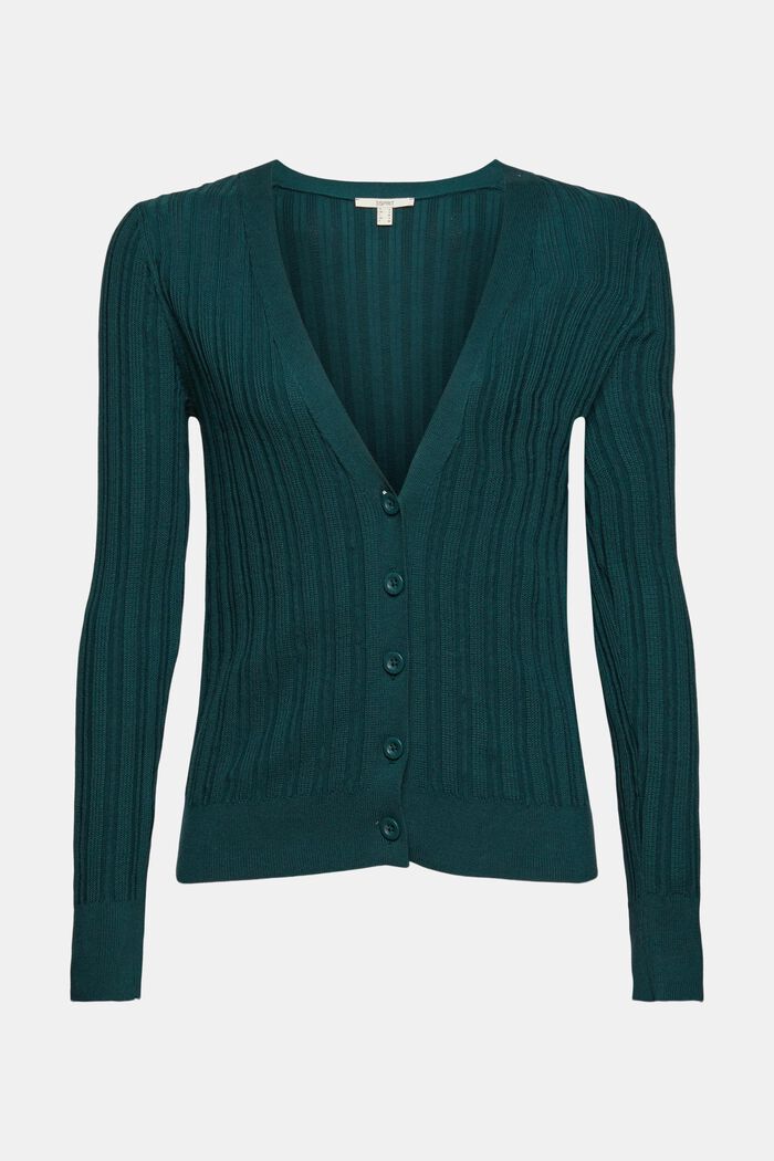 Rib knit cardigan made of 100% cotton, DARK TEAL GREEN, overview