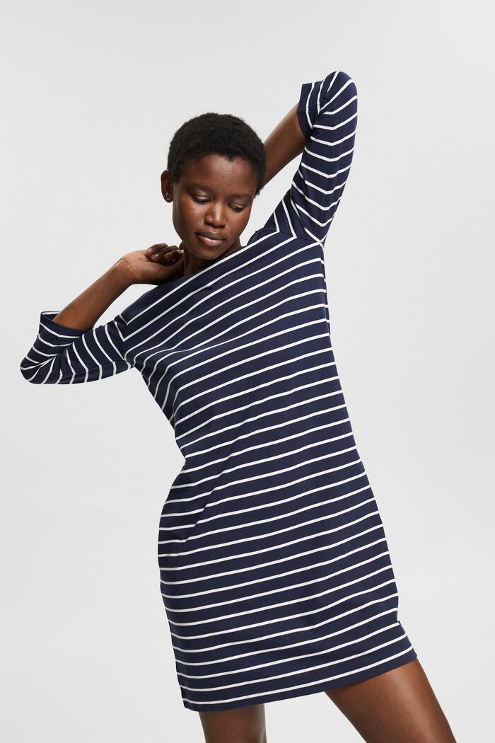 Jersey dress with stripes, 100% cotton, NAVY, overview