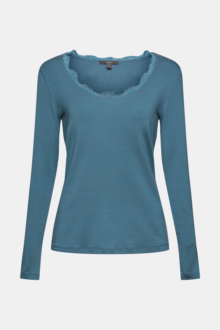 Made of TENCEL™: lace-trimmed, long sleeve top, PETROL BLUE, overview