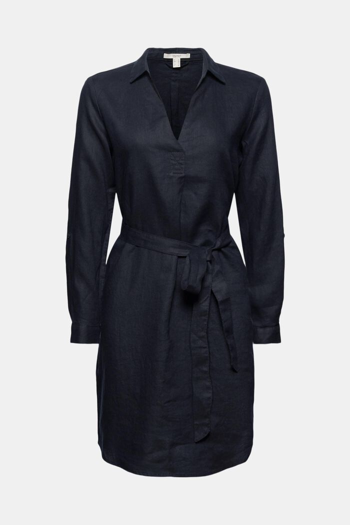 Made of linen: shirt dress with a belt, BLACK, detail image number 0