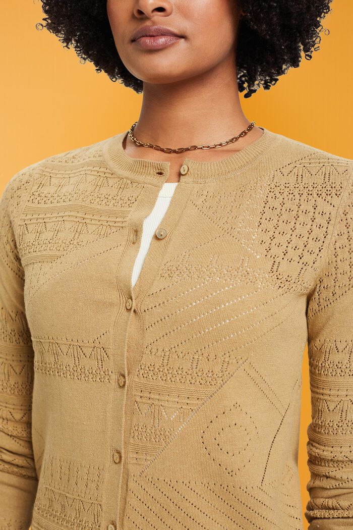 Linen blend cardigan in pointelle design, KHAKI BEIGE, detail image number 2
