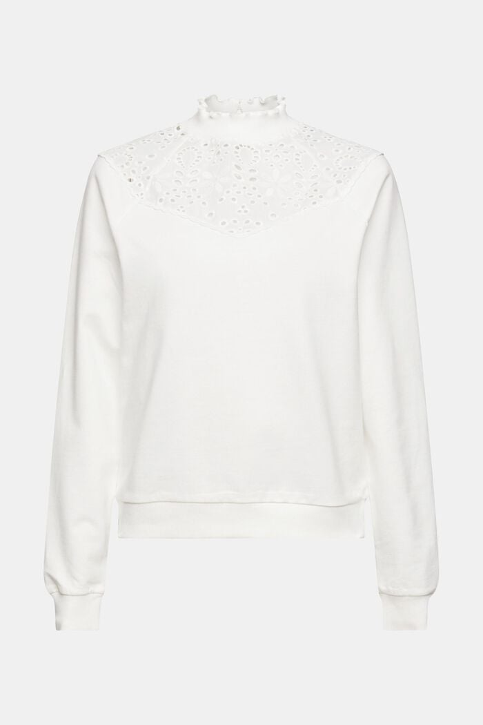 Sweatshirt with broderie anglaise, organic cotton, OFF WHITE, overview