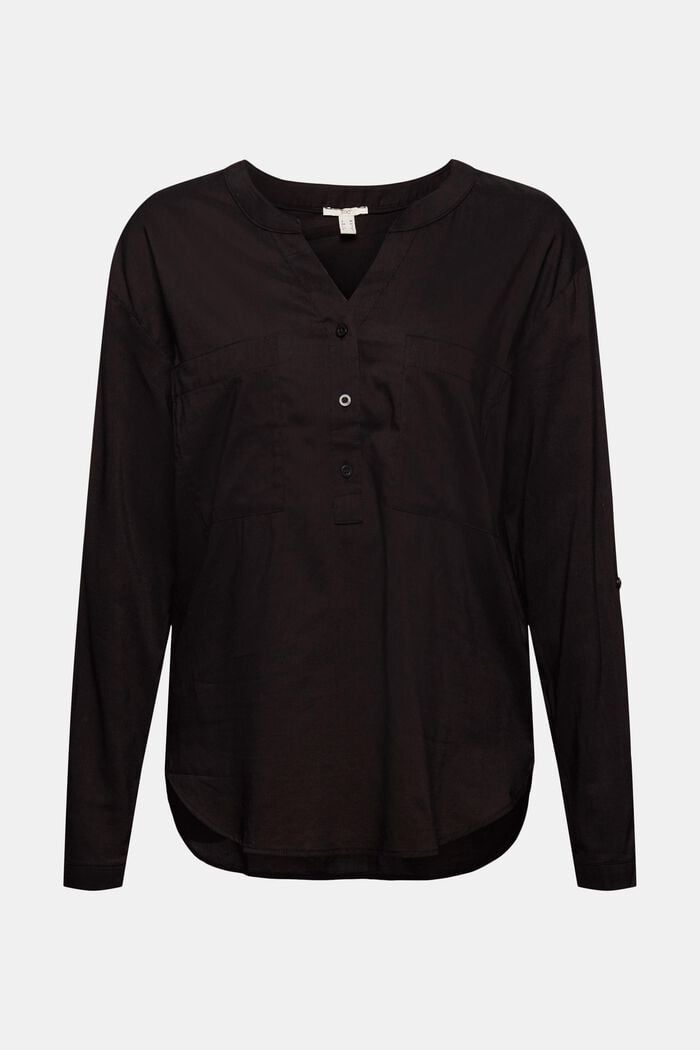 Blouse with a cup-shaped neckline and pockets, BLACK, overview
