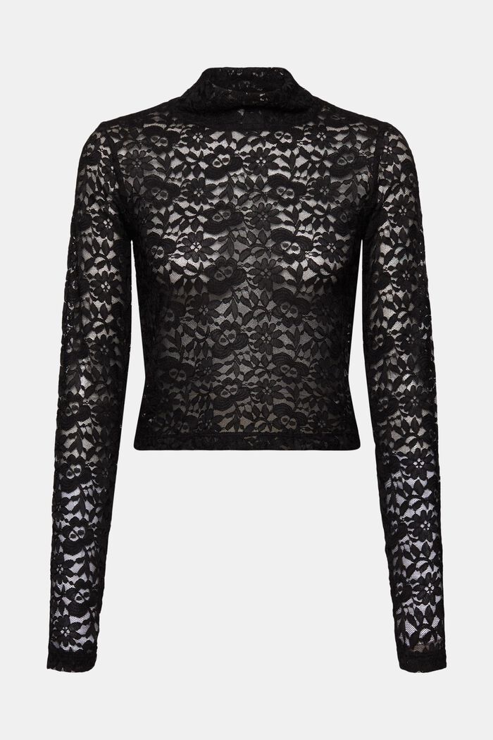 Cropped lace long sleeve top, BLACK, detail image number 7