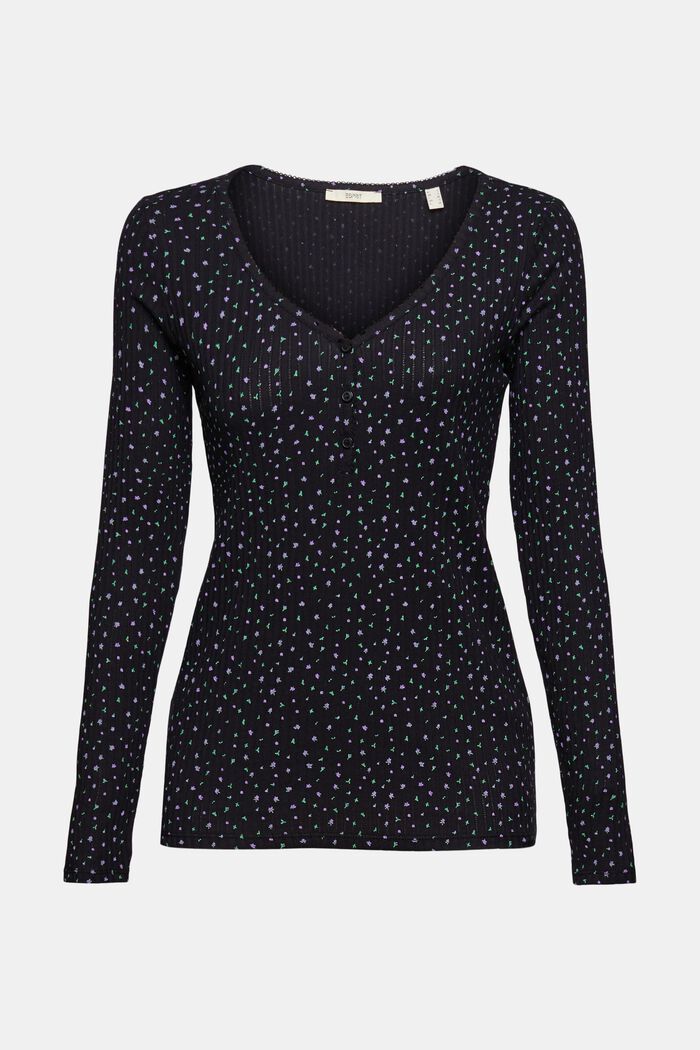 Long sleeve top with floral pattern, BLACK, overview