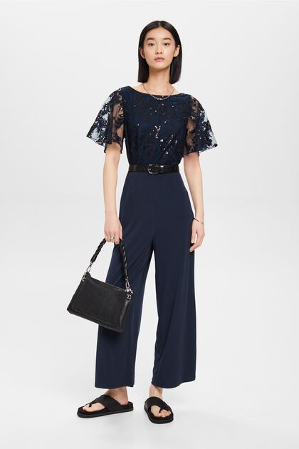 Jersey jumpsuit with floral embroidered top
