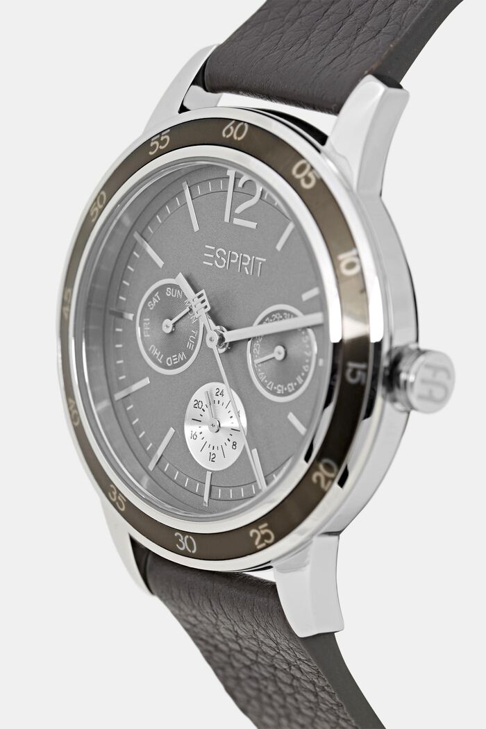 Multi-functional watch with a leather strap, DARK GREY, detail image number 1