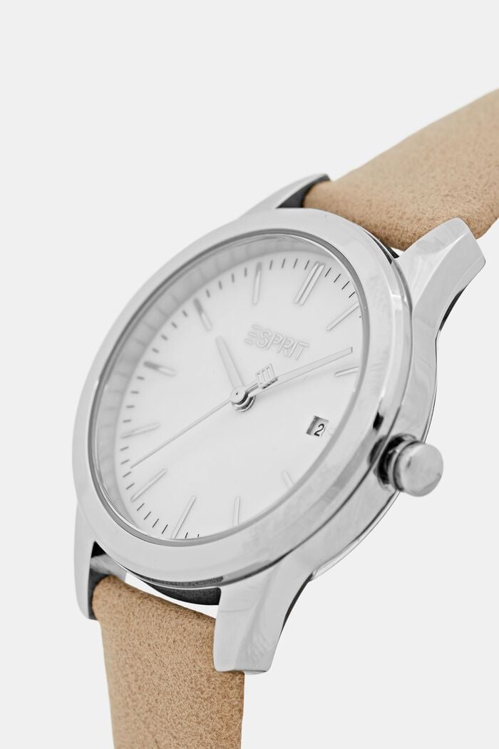 Stainless steel watch with a faux leather strap, BEIGE, detail image number 1