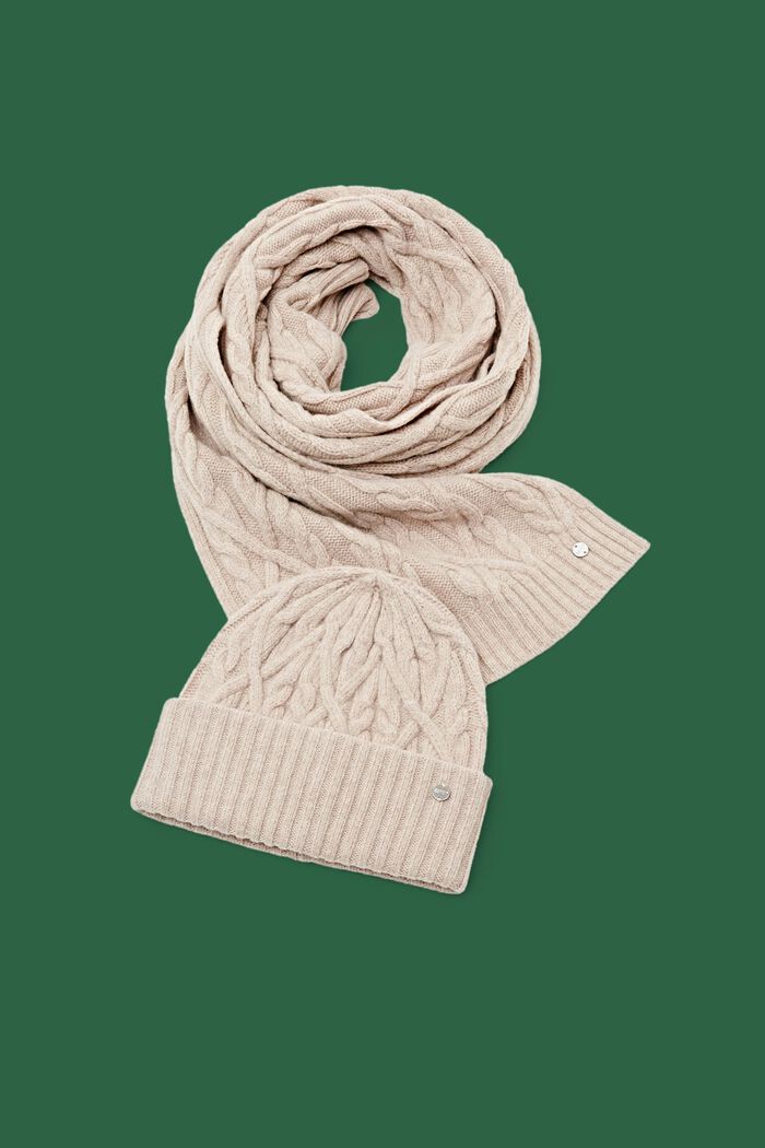 Gift Set Wool Blend Beanie And Scarf, BEIGE, detail image number 0