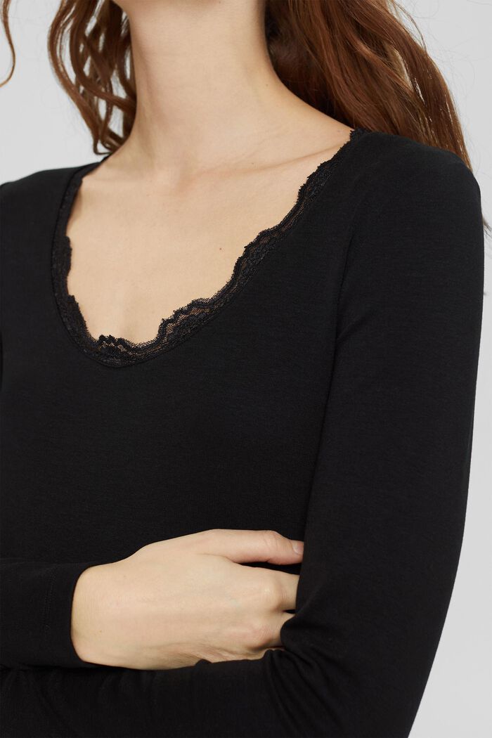 Made of TENCEL™: lace-trimmed, long sleeve top, BLACK, detail image number 2