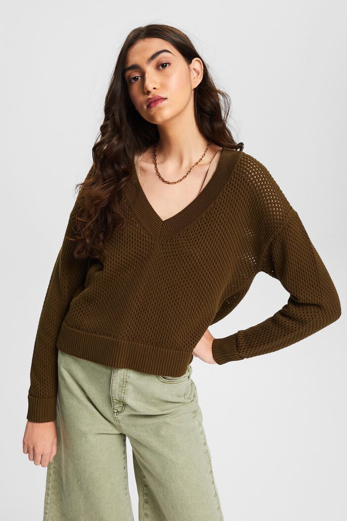 Chunky knit jumper with a V-neckline, KHAKI GREEN, detail image number 0