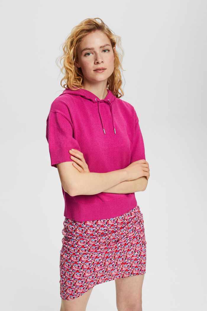 Linen blend: short sleeve knitted hoodie, PINK FUCHSIA, detail image number 0