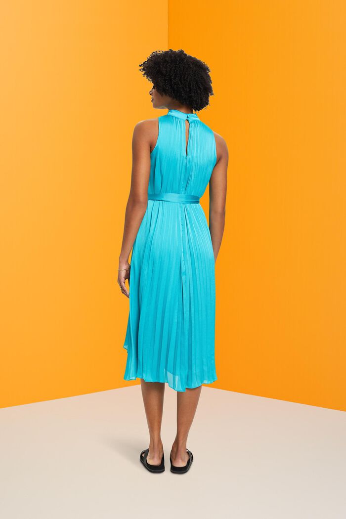 Pleated satin dress with tie belt, AQUA GREEN, detail image number 3
