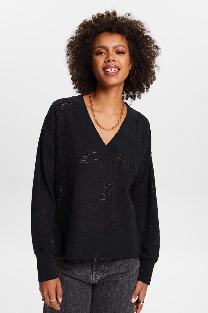 Pointelle V-Neck Sweater, BLACK, detail image number 0
