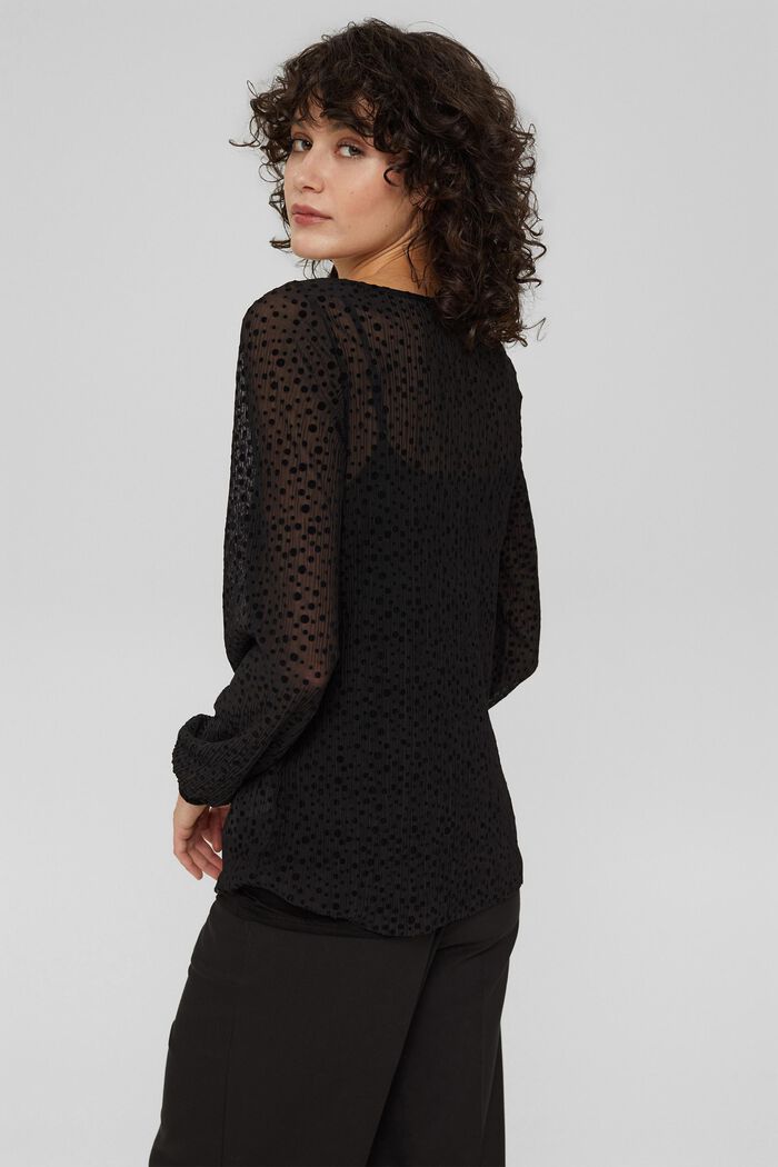 Mesh blouse with polka dots in a velvet look, BLACK, detail image number 3
