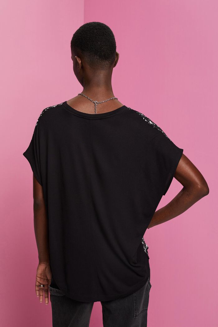 Mixed fabric T-shirt, LENZING™ ECOVERO™, BLACK, detail image number 3