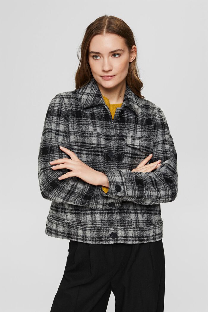 Wool blend: jacket with check pattern, BLACK, detail image number 0