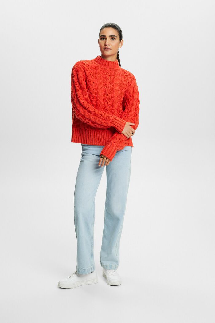 Cable-Knit Wool-Blend Sweater, BRIGHT ORANGE, detail image number 0