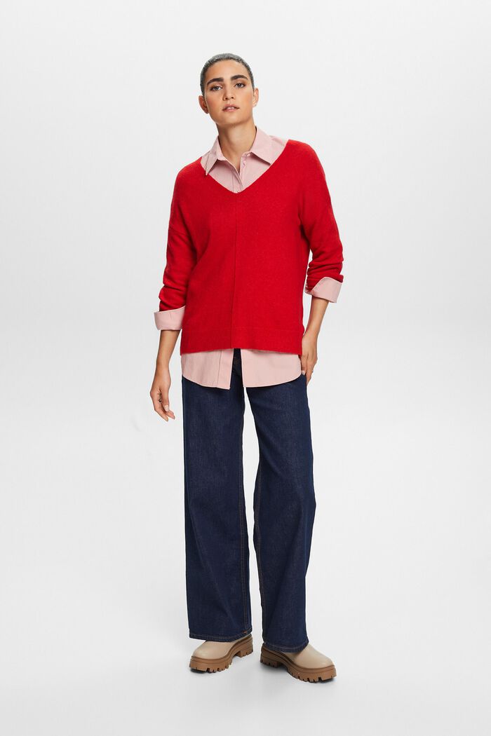 Wool Blend V-Neck Sweater, DARK RED, detail image number 4