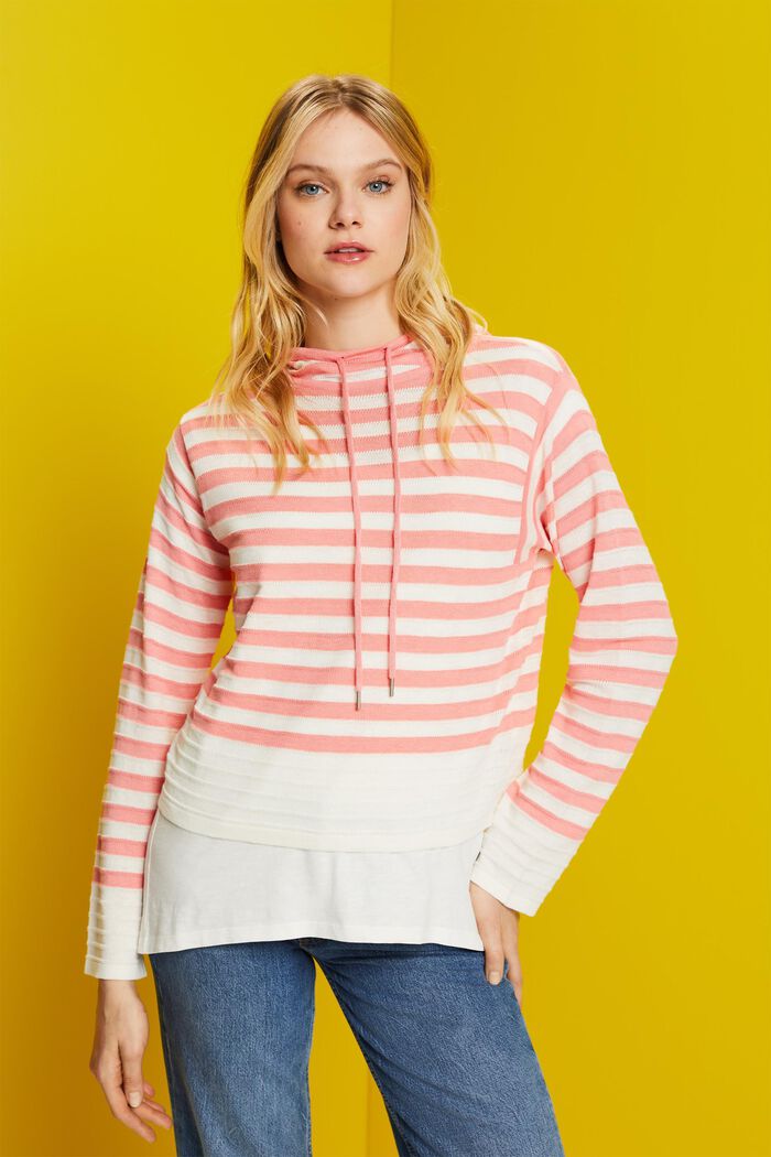 Striped knit hoodie with linen, PINK, detail image number 0
