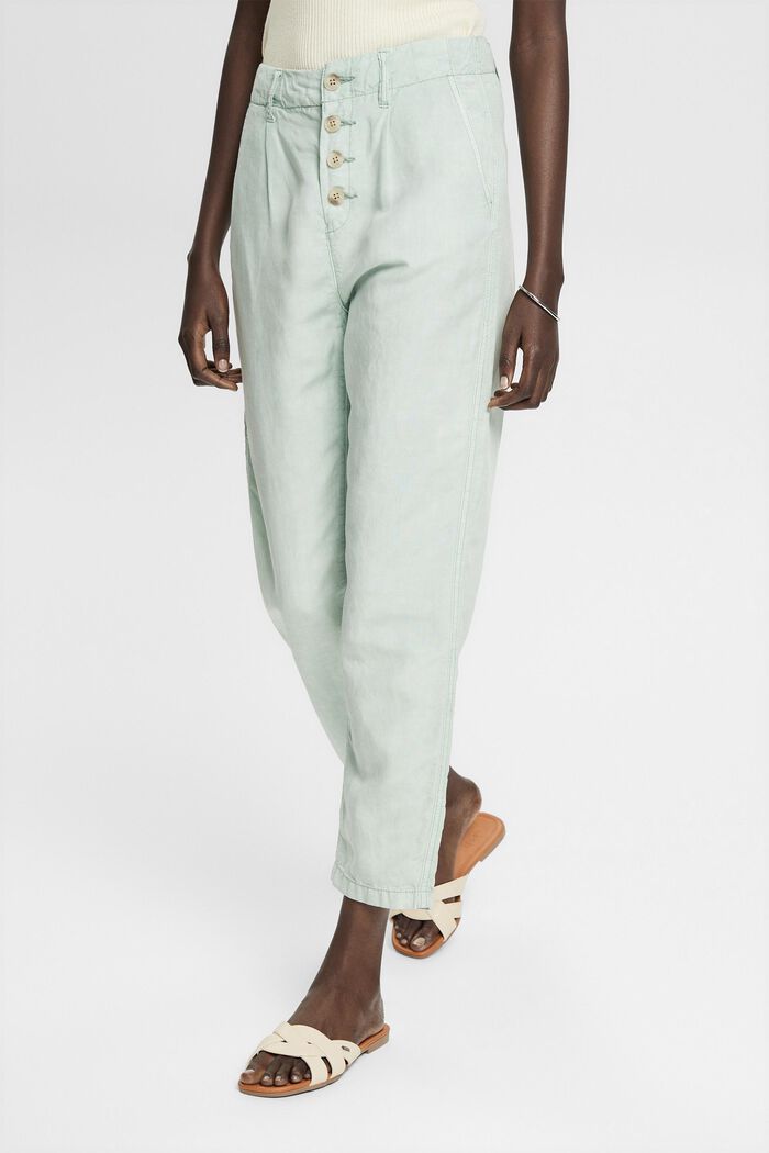 Linen blend: trousers with a button placket, DUSTY GREEN, detail image number 0
